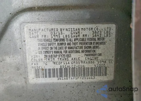 2015 Nissan Sentra S z USA, uszkodzony, nr VIN 3N1AB7AP1FY251663